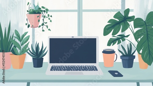 Serene Home Office Workspace with Laptop, Plants, and Coffee:  A calming illustration