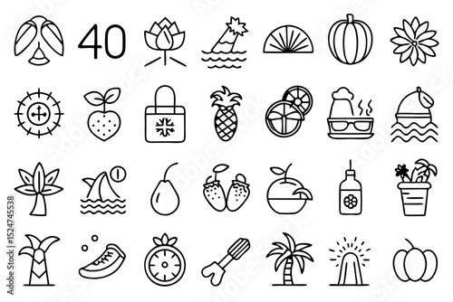 Tropical flowers beach fruit line icons set isolated on transparent background