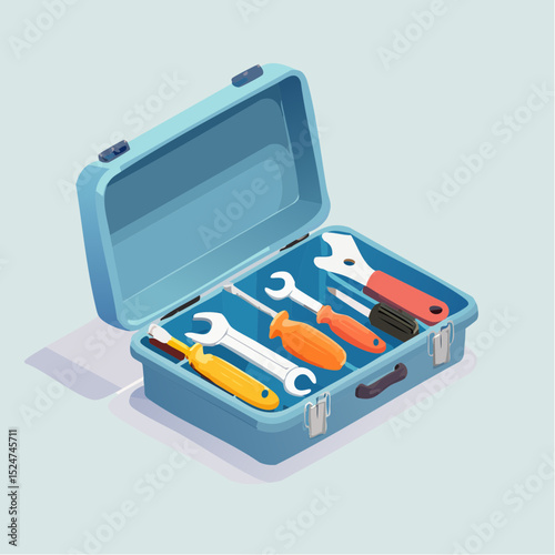 Isometric flat vector illustration of an open industrial toolbox filled with tools such as wrench, pliers, screwdriver, maintenance and repair concept