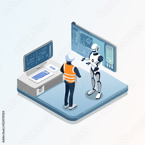 Isometric vector of robot and engineer working together analyzing digital data in a factory setting, representing industrial innovation, automation, and teamwork