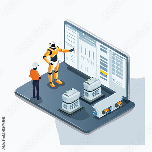 Isometric flat vector showing detailed collaboration between a robot and engineer reviewing digital information, symbolizing advanced AI integration in smart factory operations