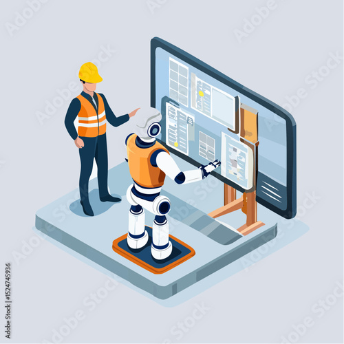 Isometric flat vector illustration of an engineer and robot analyzing digital data on a screen, depicting synergy of AI and human expertise in industrial automation and factory innovation