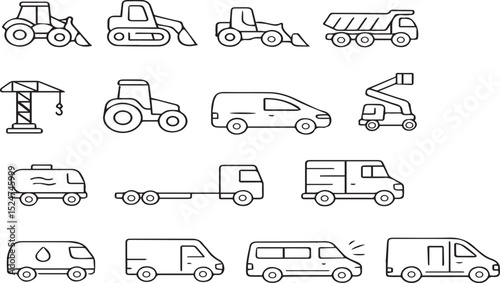 Line Art Icons of Construction and Utility Vehicles Collection