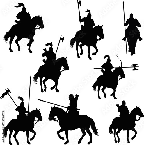 Majestic Medieval Knights on Horseback Silhouettes: A Collection of Nine Powerful Black and White Vector Illustrations Perfect for Design Projects