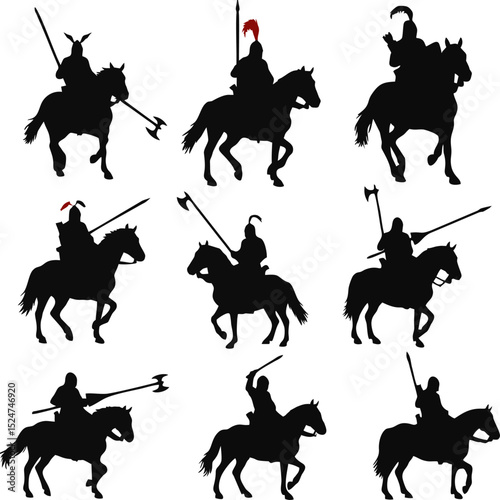 Majestic Medieval Knights on Horseback Silhouettes: A Collection of Nine Powerful Black and White Vector Illustrations Perfect for Design Projects