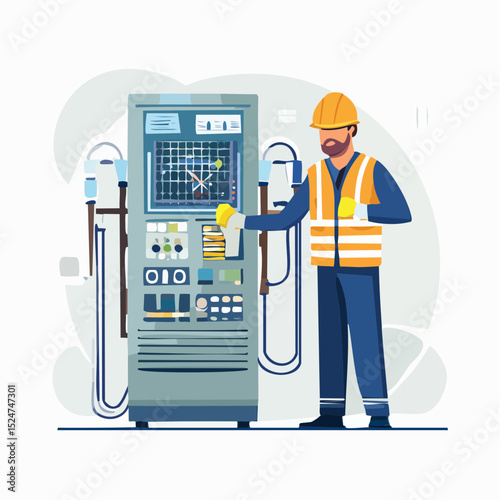 Modern flat vector illustration of a portable industrial welding machine with detailed pipes and wiring, highlighting industrial fabrication and maintenance technology.