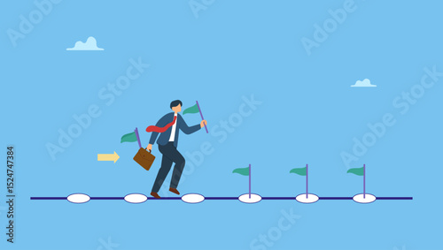 Vector illustration of businessman run to grab completed milestone success flag. Milestone or roadmap achievement, business success journey, progress to reach goal, motivation to accomplishment.