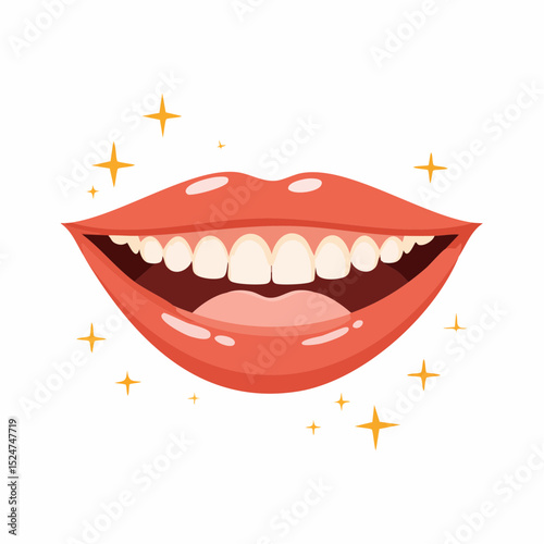 Flat vector of a smiling mouth with slightly open white teeth, surrounded by sparkles, symbolizing happiness, self-care, oral hygiene, and positivity in minimal style