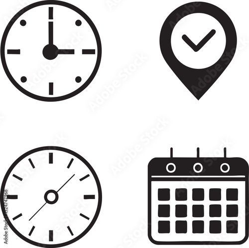 Vector set of clock and time icons illustrating hour, minute, and second for business and computer concepts