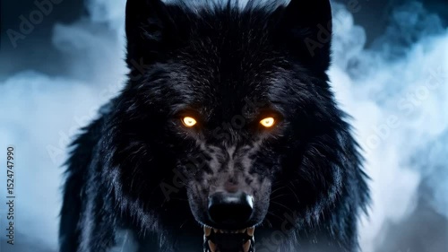 Dramatic close-up of a menacing black wolf with glowing eyes and bared teeth surrounded by swirling smoky fog