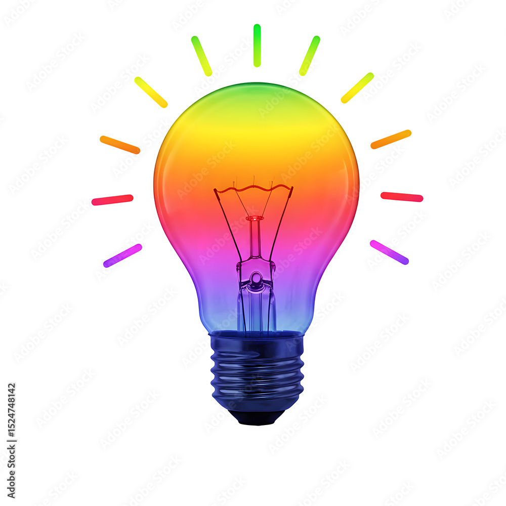 Fototapeta premium Vibrant glowing light bulb symbolizing innovation, creativity, and brainstorming, ideal for presentations, design, and tech visuals. isolated on white or transparent background. PNG