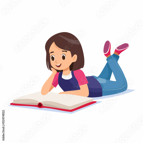 Flat vector of a teenage girl lying on her stomach with elbows on the ground, reading a book peacefully in a cozy indoor setting, representing calm and focus