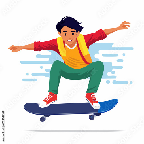 Flat vector of an athletic teenage boy doing a skateboard trick high above ground, arms outstretched for balance, focused face, casual outfit and helmet on
