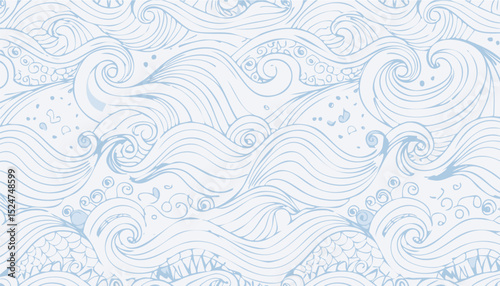 Simple Abstract Waves Seamless Pattern with Hand-Drawn Undersea Life – Vector Ocean Design