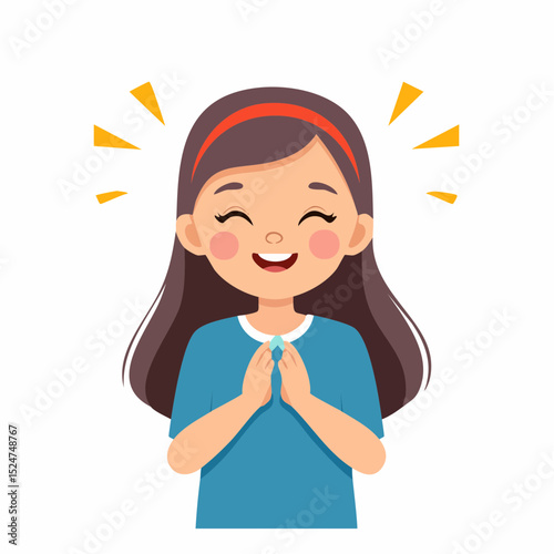 Cheerful girl clapping hands joyfully, wide smile on her face, eyes closed in delight, bright and lively flat vector illustration.