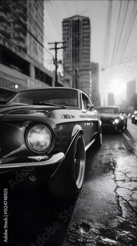 Classic Muscle Car on Urban Street at Night