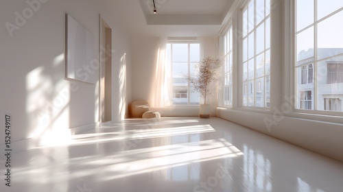 Bright, minimalist living room with large windows and natural light