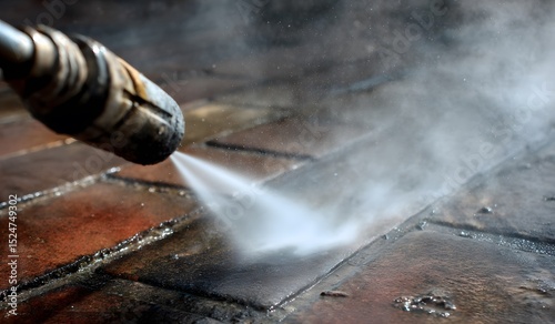 High-pressure water jet cleaning a brick surface, creating steam and mist.