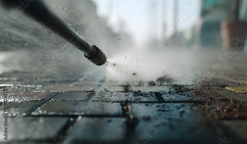 High-pressure water jet cleaning a cobblestone street, creating a misty spray effect.