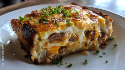 Golden-brown baked casserole slice with melted cheese, sausage, and herbs on a white plate
