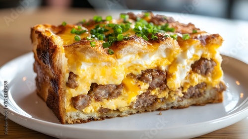 Layered Breakfast Casserole with Sausage, Eggs, and Cheese Topped with Chives