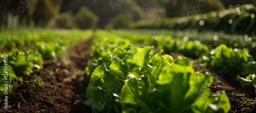 Rows of fresh lettuce growing in a sunny garden