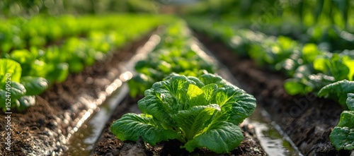 Rows of fresh green lettuce growing in an agricultural field under sunlight