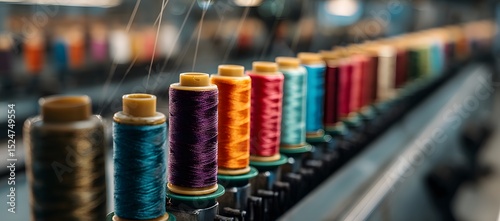 Colorful Spools of Thread on a Textile Machine