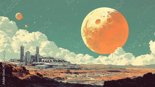 Futuristic alien landscape with a large orange moon