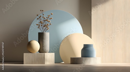 Minimalist Composition with Vases and Spheres on a Wooden Shelf Against Softly Lit Geometric Background
