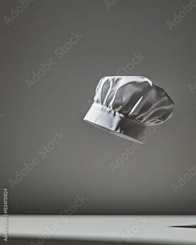 A chef's hat appears to float above a flat surface against a neutral background.