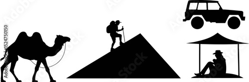 Desert adventure travel silhouette vector illustration with camel hiking car and resting person editable stock vector illustration