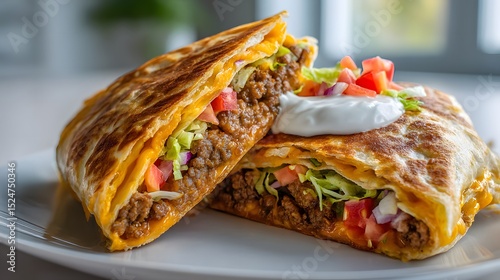 Crispy Quesadillas with Ground Beef, Lettuce, Tomato, and Sour Cream