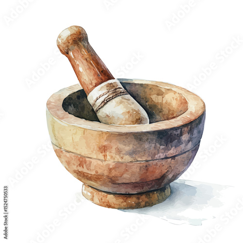 Mortar And Pestle, watercolor clipart vector, high quality, isolated on a white background.