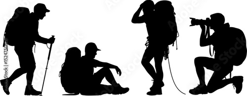 Silhouette hiking backpacking trekking outdoor nature adventure photography travel vacation trip journey 100 editable stock vector illustration
