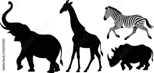 Black silhouette of african animals elephant giraffe zebra rhino vector illustration design isolated 100 editable stock vector illustration
