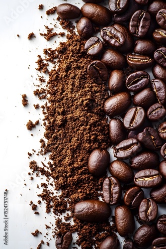 Roasted Coffee Beans and Ground Coffee on a White Background