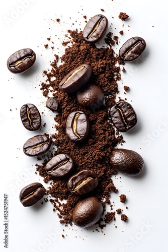 Whole coffee beans and ground coffee arranged on a white background