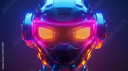 Futuristic robotic head, vibrant neon glow