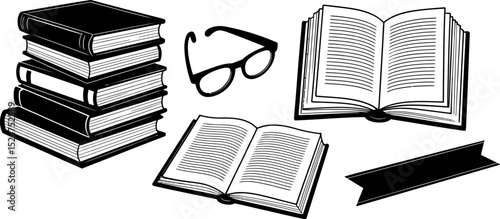 Books stack vector illustration with glasses and bookmark for education and reading concept design art editable stock vector illustration