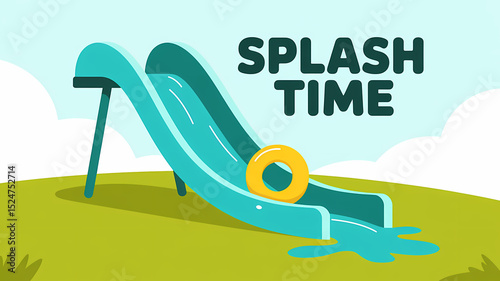 Flat Design Illustration of a Turquoise Water Slide with Inflatable Ring and Splash Effect under Sunny Sky with 'SPLASH TIME' Text