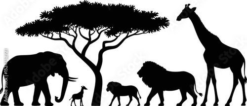 Silhouette of african animals under a tree against a white background
