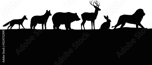 Silhouette of various animals including fox wolf bear deer rabbit and lion