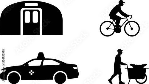Transportation methods vector icons set subway taxi bicycle man pushing cart black and white illustration editable stock vector illustration