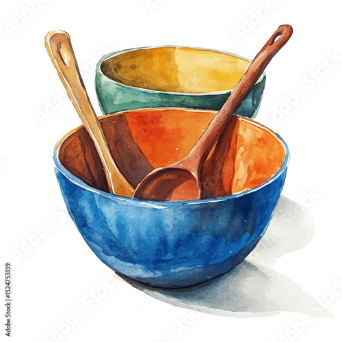 watercolor of Mixing Bowls, vector high quality, isolated on a white background.