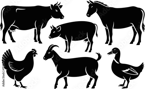 A collection of farm animals displayed in black silhouettes on white background