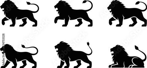 Collection of six lion silhouettes in various poses on a light background