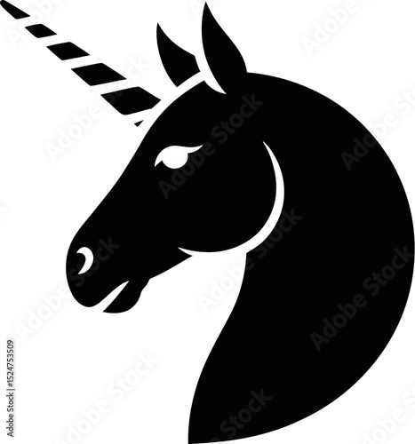 A black and white graphic of a unicorn head with a spiral horn design