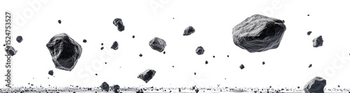 Falling rocks, meteor shower, space debris, dark background, transparent background, cosmic event, grey stones, celestial bodies, asteroid field, isolated elements, realistic texture,