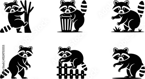 Collection of six black and white raccoon illustrations in different poses